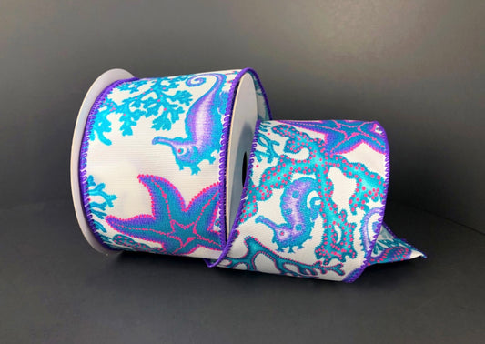 10 Yards - 2.5” Wired Purple, Blue, and Pink Beach Ribbon