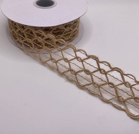 10 Yards - 1.5" Wired Natural Hexagon Open Weave Ribbon - Netting Ribbon