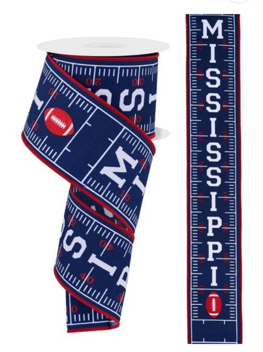 10 Yards - 2.5" Wired Navy Red and White Mississippi Sports Ribbon