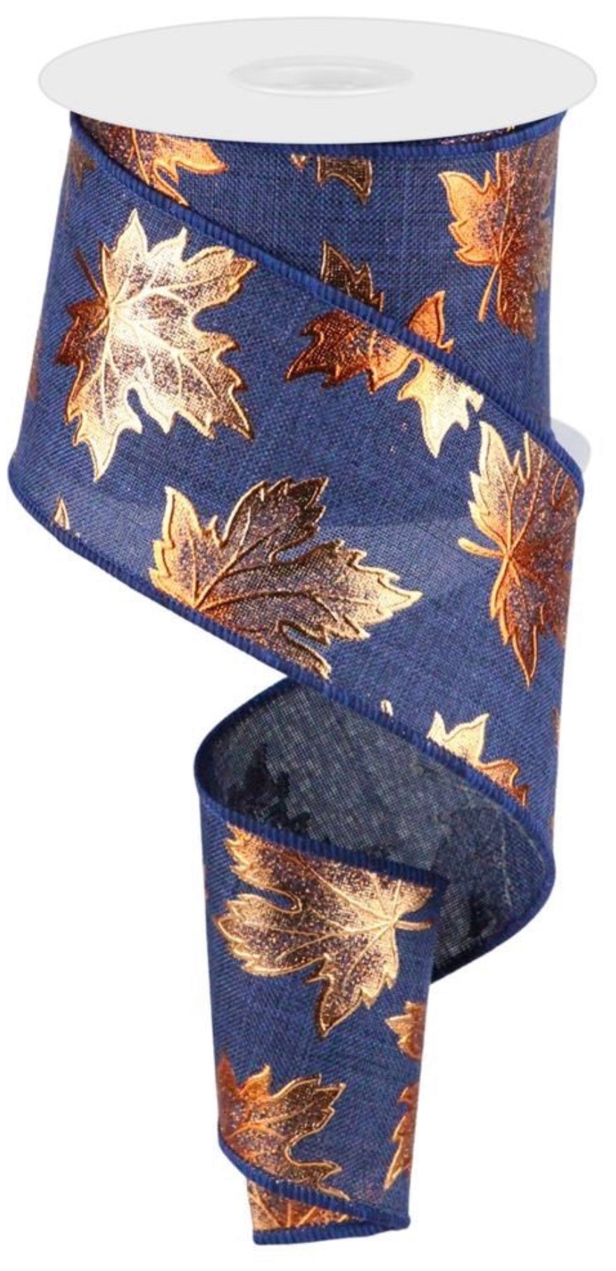 10 Yards - 2.5” Wired Navy Blue Background with Orange Foil Fall Leaves Ribbon
