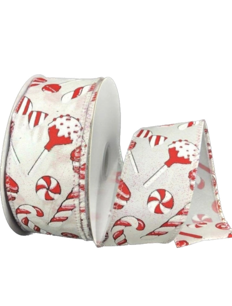 10 Yards - 1.5” Wired Peppermint Candy Cane Swirl Christmas Candy Ribbon