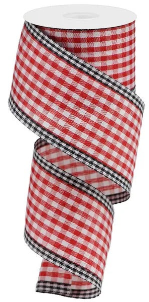 Wired Red and White Gingham Check Ribbon with Black and White Check Edge - Spring Ribbon - Summer Ribbon- 2.5”x10 Yards
