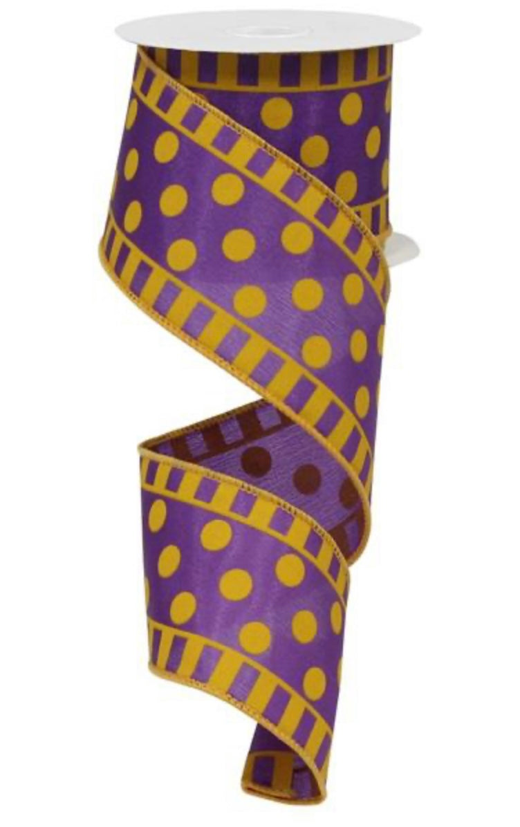 10 Yards - 2.5" Wired Purple and Yellow Lines Dots and Stripes Ribbon