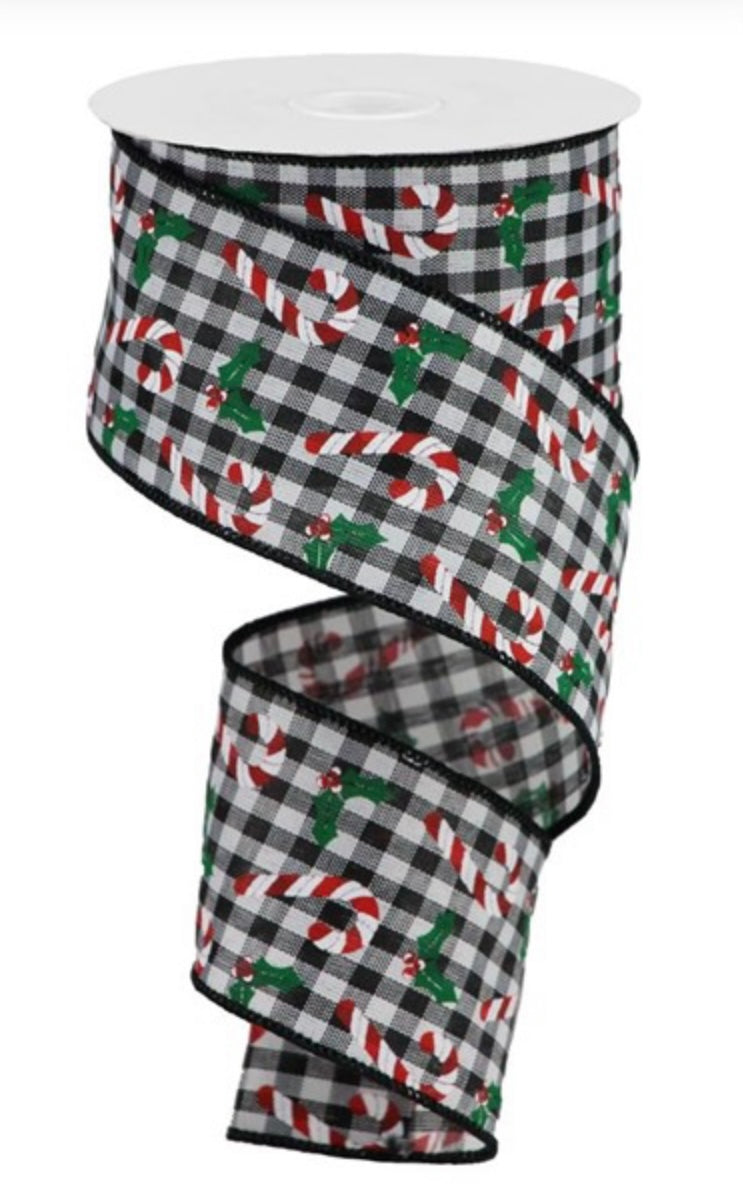 10 Yards - 2.5” Wired Black and White Check Peppermint Candy Cane and Holly Berry Christmas Ribbon