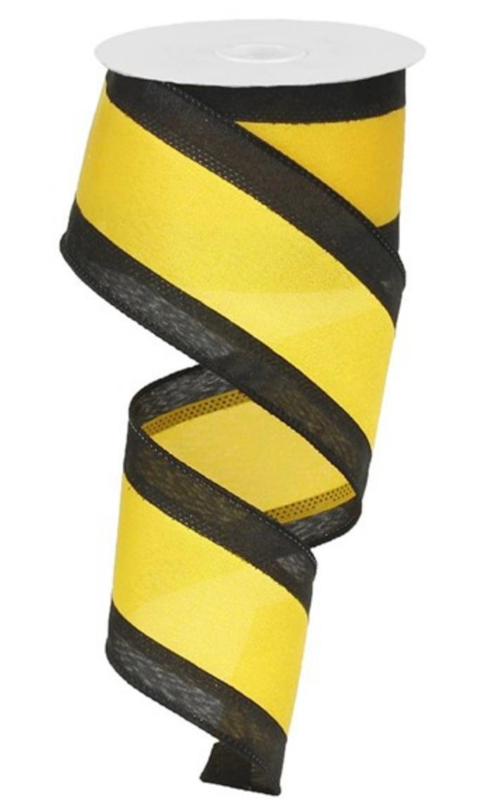 10 Yards - 2.5” Wired Navy Black and Yellow Stripe Satin Ribbon