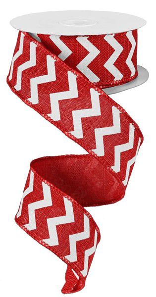 10 Yards - 1.5” Wired Red and White Chevron Ribbon