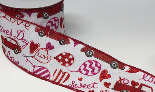 10 Yards - 2.5" Wired White Background Red Truck Valentines Day Ribbon with Glitter Accent