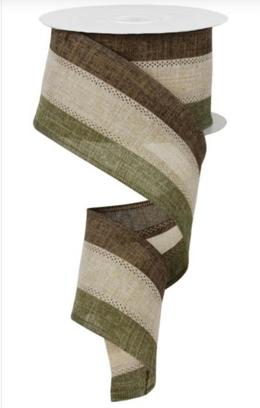 Wired Brown, Light Tan, and Fern Green Stripe Ribbon- 2.5”x10 Yards
