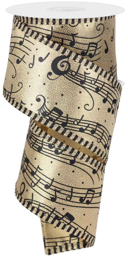 10 Yards - 2.5” Wired Black and Metallic Gold Music Note Ribbon with Stripe Edge