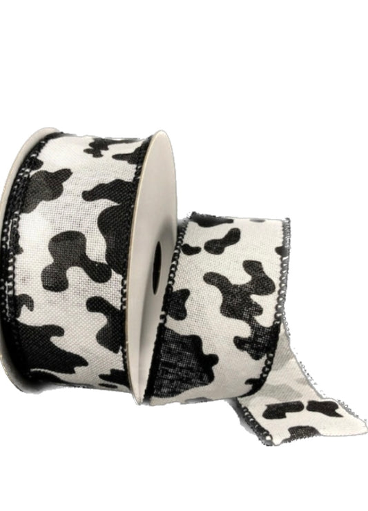 10 Yards - 1.5" Wired Black and White Cow Print Ribbon