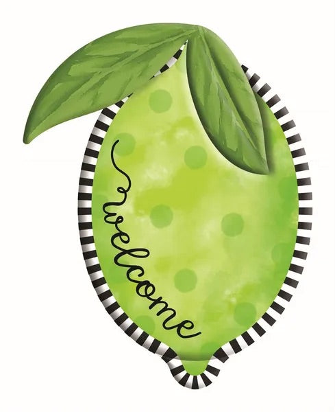 Round Metal Embossed Welcome Lime Wreath Sign- 12”x9.5”