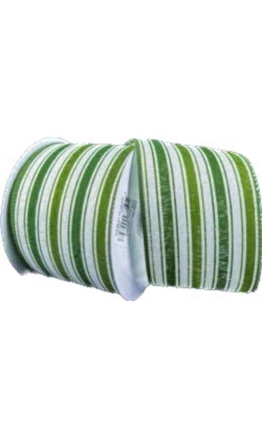 Wired Green and White Linen Ticking Stripe Ribbon-2.5”x10 Yards