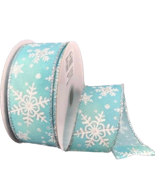 10 Yards - 1.5” Wired Ice Blue Satin White-Silver Snowflakes Ribbon