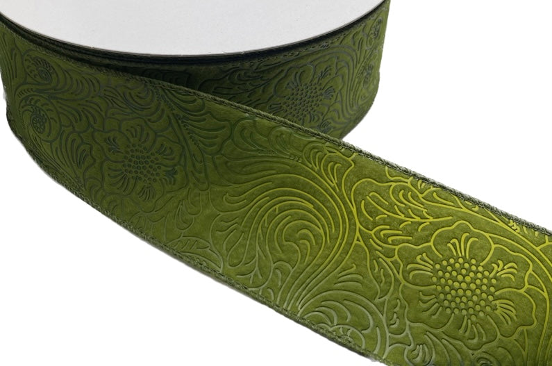 50 Yards - 2.5" Wired Olive Green Floral Design Embossed Ribbon