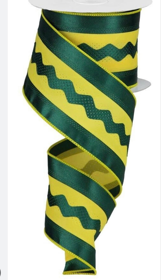 10 Yards - 2.5” Wired Dark Green and Yellow Ric Rac Ribbon