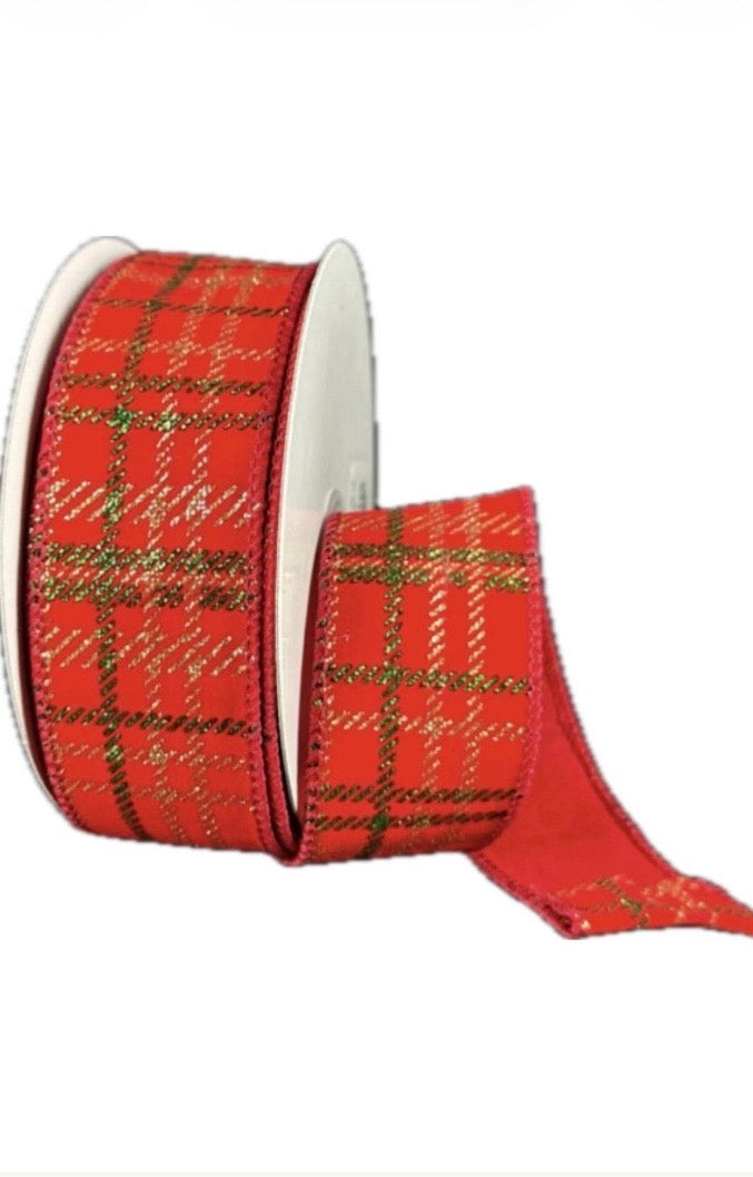 Wired Red Velvet/Gold Green Glitter Plaid Ribbon-1.5”x10 Yards