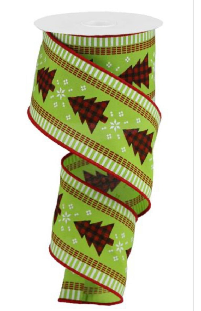 10 Yards - 2.5” Lime Green Background Black and Red Christmas Trees Ribbon