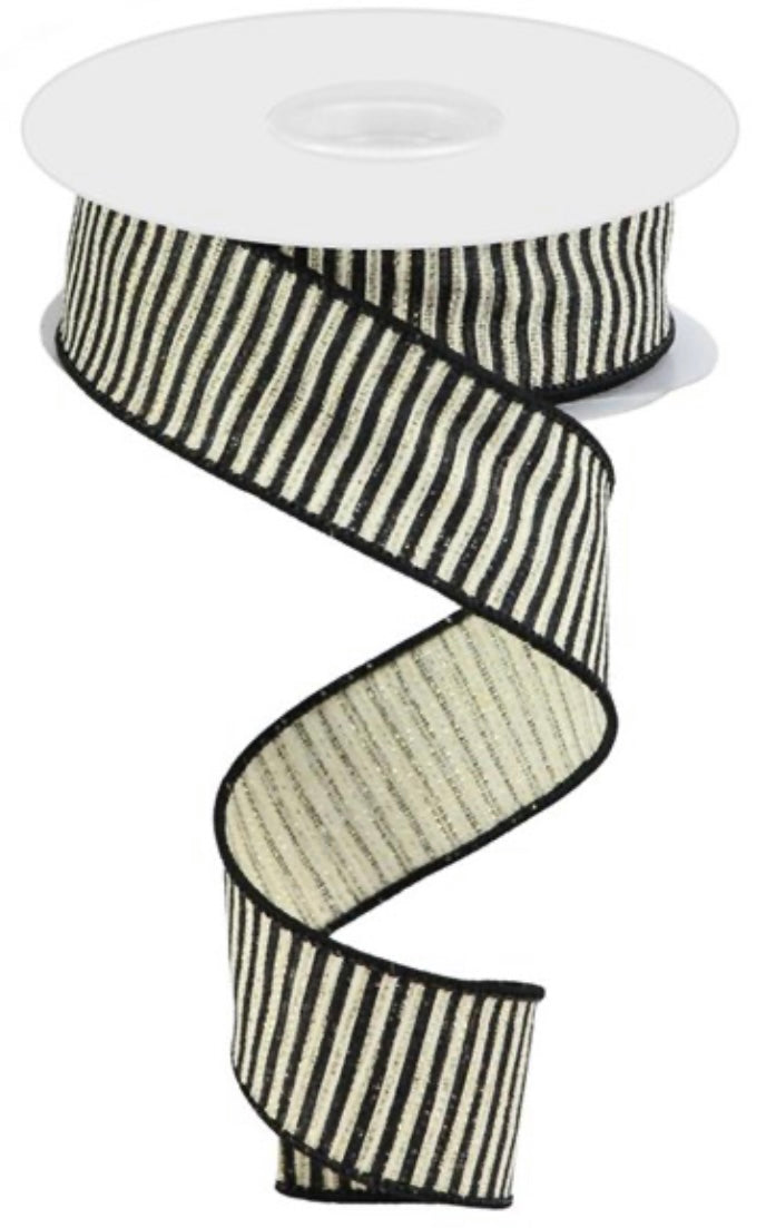 10 Yards - 1.5” Wired Ivory Black and Metallic Gold Stripe Ribbon