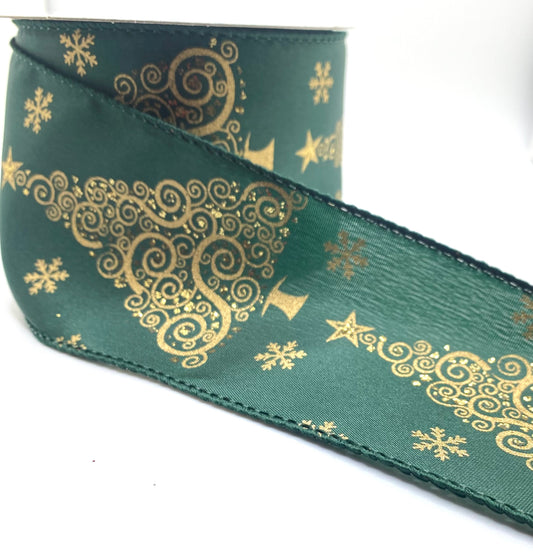 10 Yards - 2.5” Wired Hunter Green Satin Gold Abstract Christmas Tree Ribbon