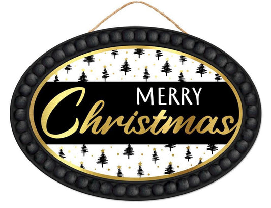 13”x9” Oval Black and Gold Merry Christmas Wreath Sign