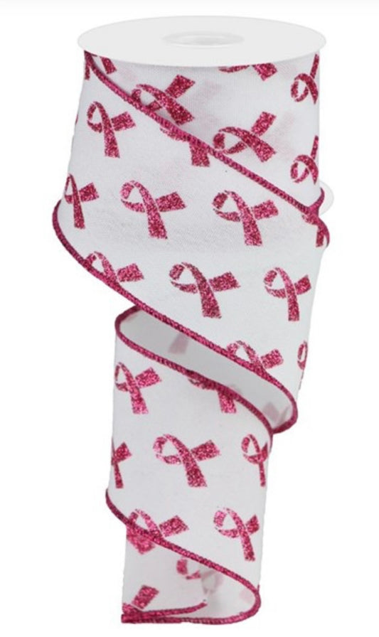 10 Yards - 2.5" Wired White Background Breast Cancer Awareness Ribbon with Glitter Accent