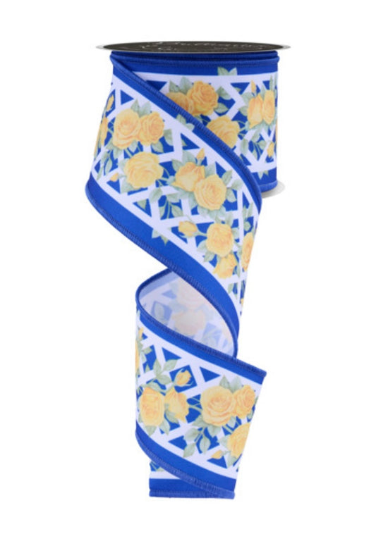 10 Yards - 2.5” Wired Yellow Rose Flowers on Blue and White Background Ribbon