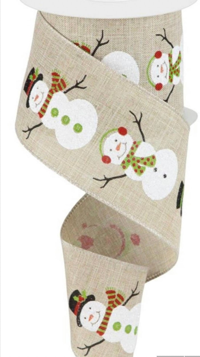 2.5”x 10 Yards- Snowman Ribbon on Natural Background