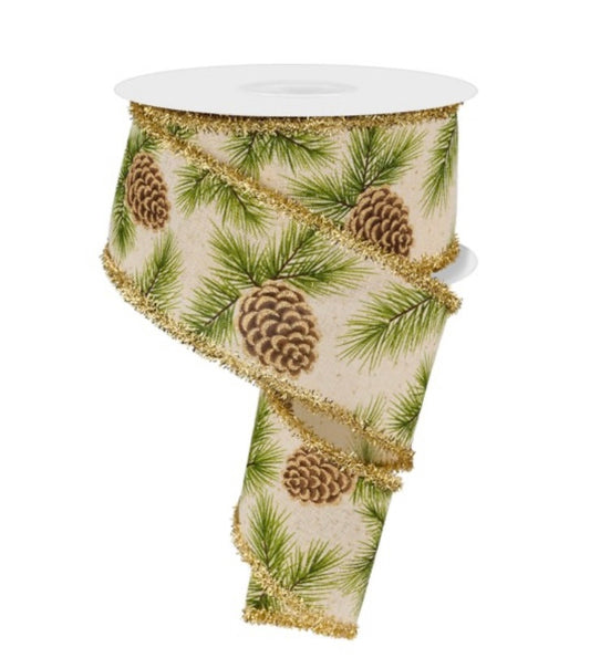 10 Yards - 2.5” Wired Pine Cones and Needles with Gold Tinsel Edge Ribbon
