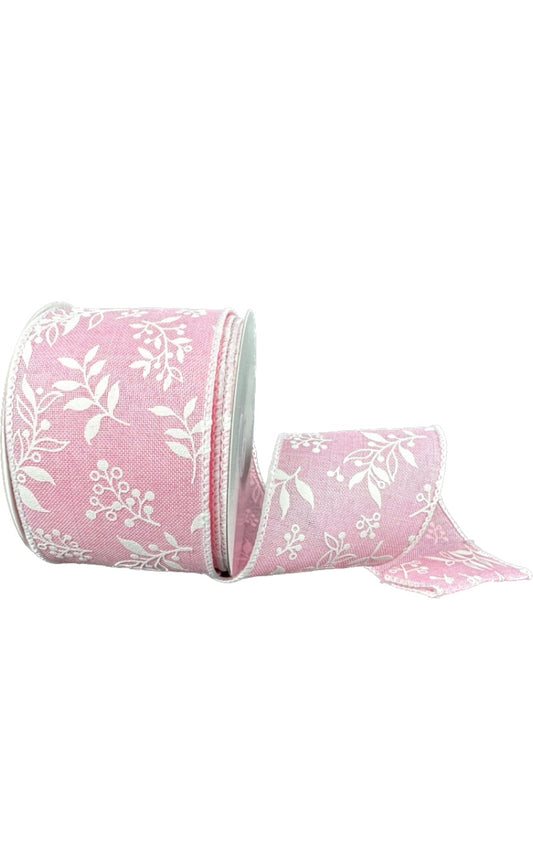Wired Pink Linen White Foilage Ribbon-2.5”x10 Yards