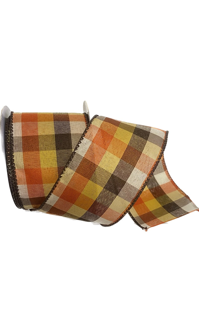 Wired Brown, Cream, Orange, and Yellow Fall Plaid Ribbon-2.5”x10 Yards