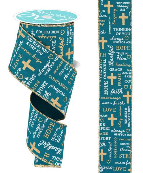 10 Yards - 2.5” Wired Turquoise Blue Bereavement Ribbon with Gold Acce ...