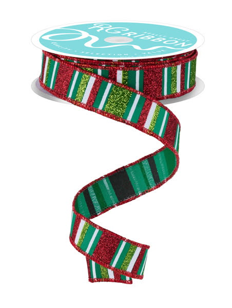 Wired Green, Lime, Red, and White Horizontal Stripe Glitter Accent Ribbon- 7/8”x10 Yards