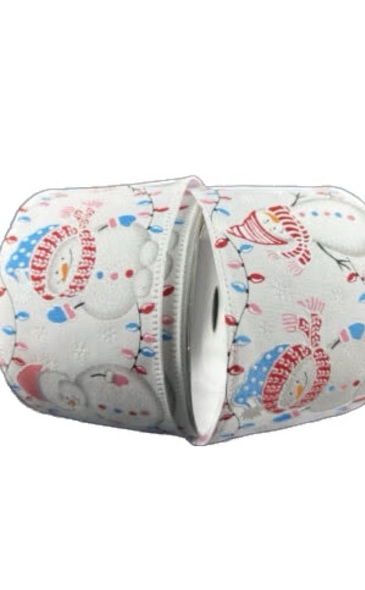 Wired White Background Snowman  in Lights Ribbon