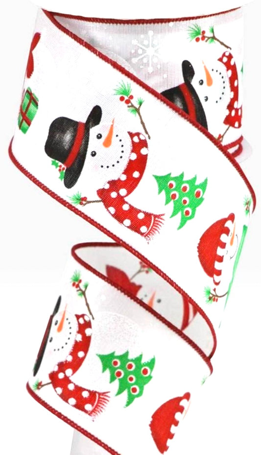 2.5”x 10 Yards- Snowman and Trees Ribbon on White Background