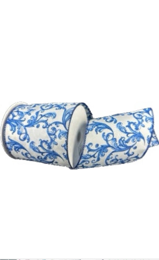Wired White Satin Blue Chinoiserie Swirls Ribbon- 4”x10 Yards