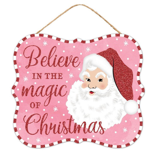 10.5”x9” Pink Believe in the Magic of Christmas Santa Wreath Sign with Glitter Accent