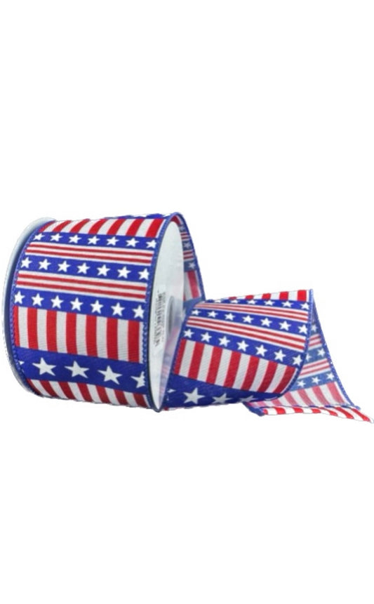 Wired Patriotic Red, Natural, and Navy Blue Stars and Stripes Ribbon-2.5”x10 Yards