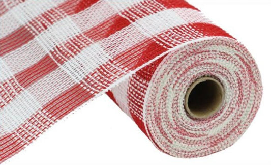 10.5” x 10 Yards White and Red Fiber Faux Check Mesh