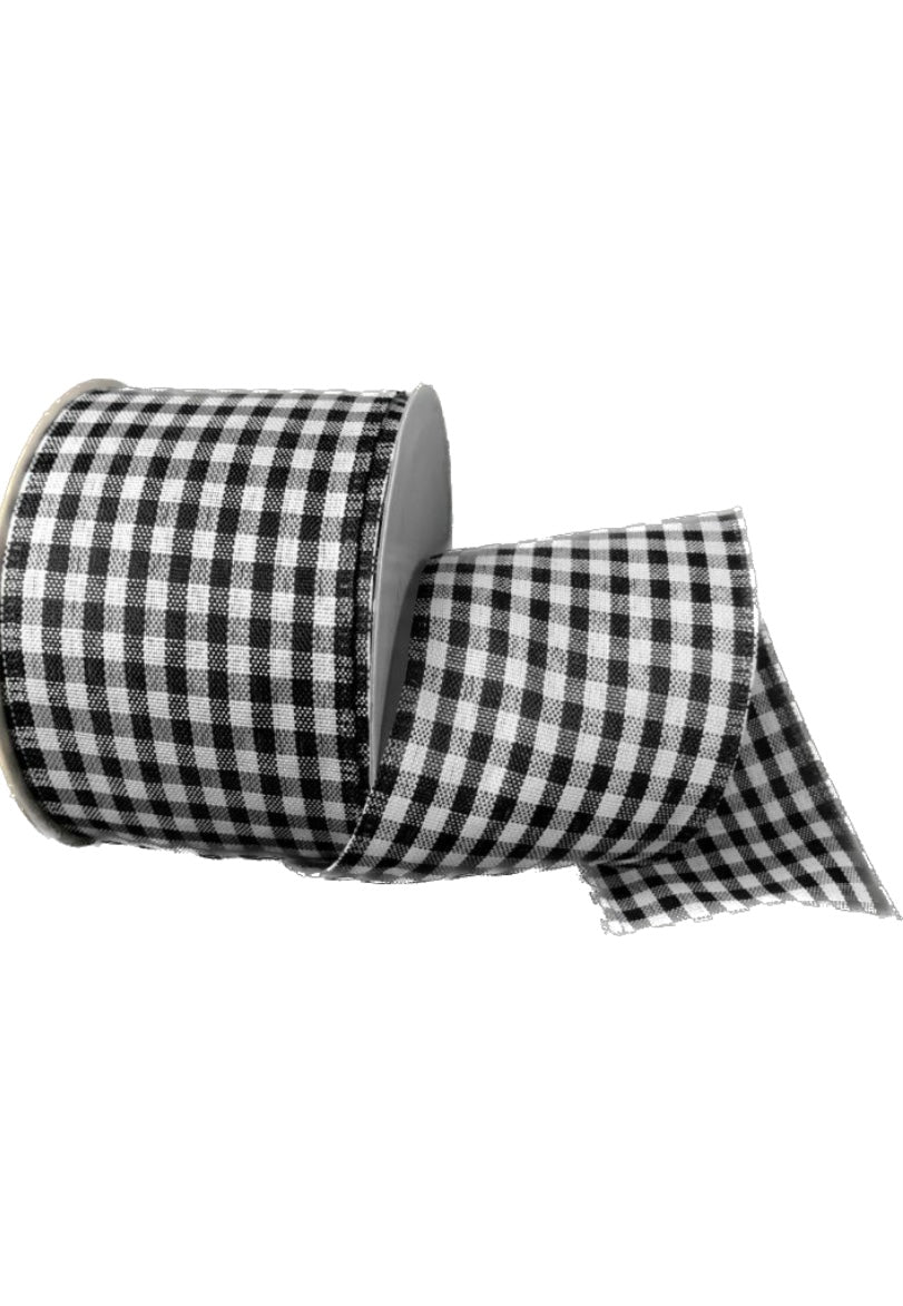 10 Yards - 2.5" Wired Black and White Gingham Check Ribbon
