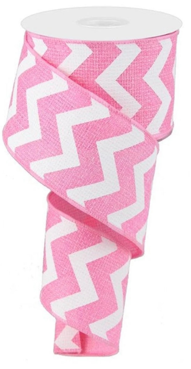 1.5” x 10 Yards Wired Pink and White Chevron Ribbon