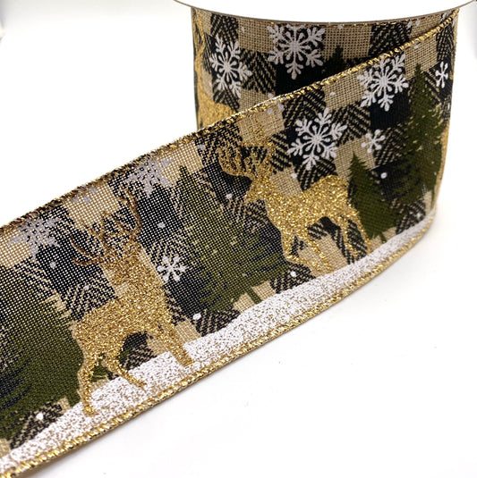 10 Yards - 2.5” Wired Natural Faux Burlap Gold Glitter Deer Moss Trees Snow Ribbon