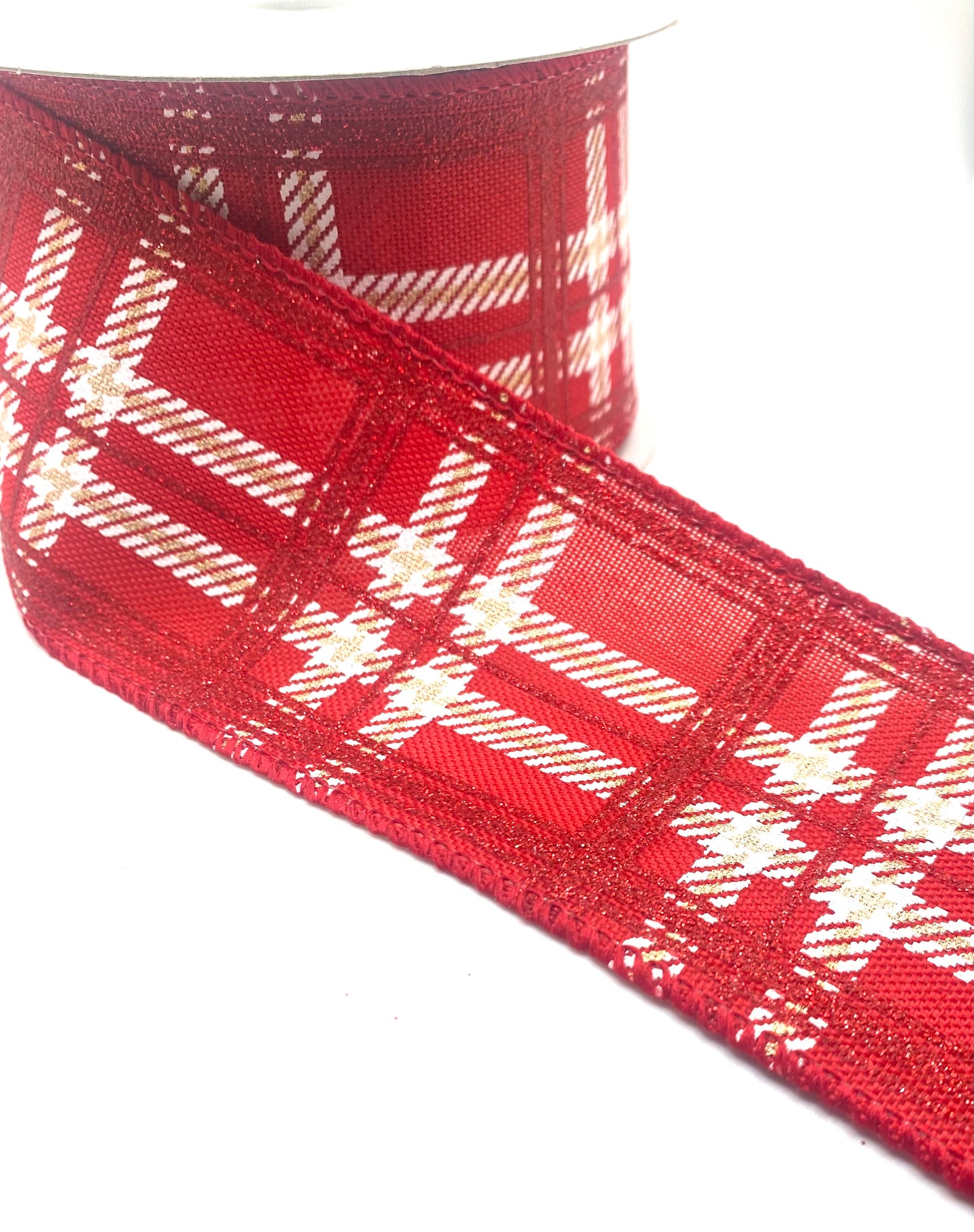 10 Yards - 2.5” Wired Red Linen White Gold Glitter Plaid Print Ribbon