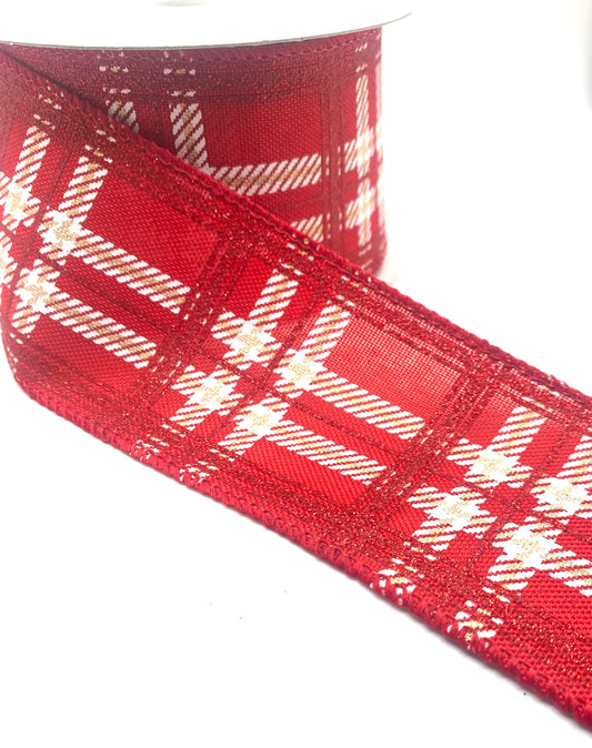 10 Yards - 2.5” Wired Red Linen White Gold Glitter Plaid Print Ribbon