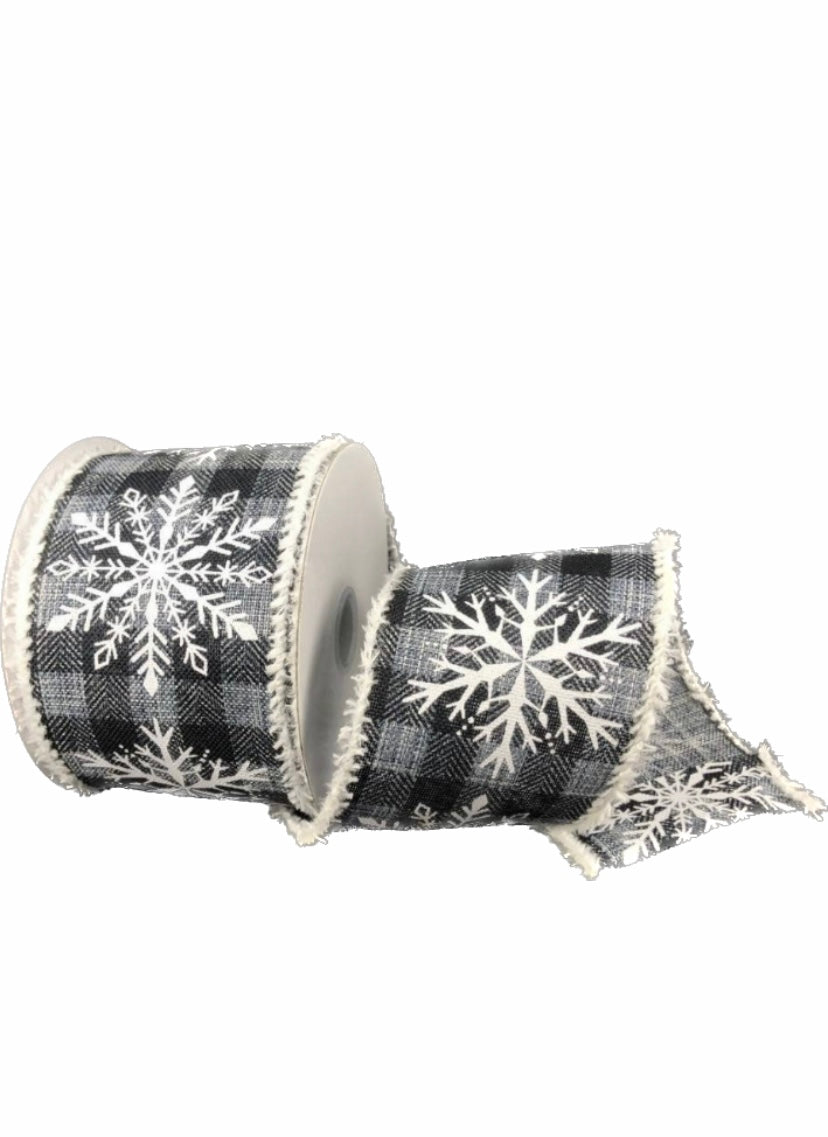 10 Yards - 2.5" Wired Gray and Black Check Background Snowflake Ribbon