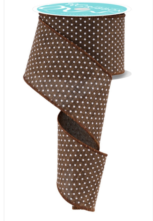 10 Yards - 2.5” Wired Brown and White Swiss Dot Ribbon