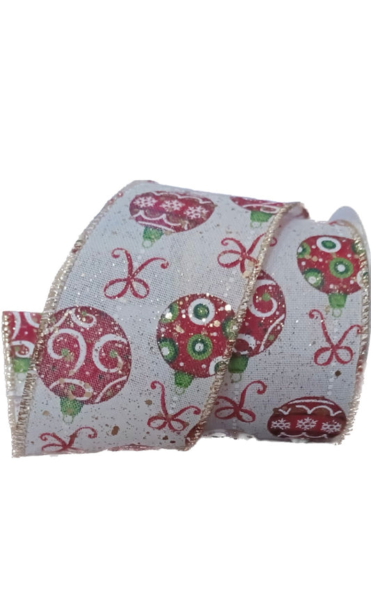 Wired Ornaments and Bows on White Ribbon-2.5”x10 Yards