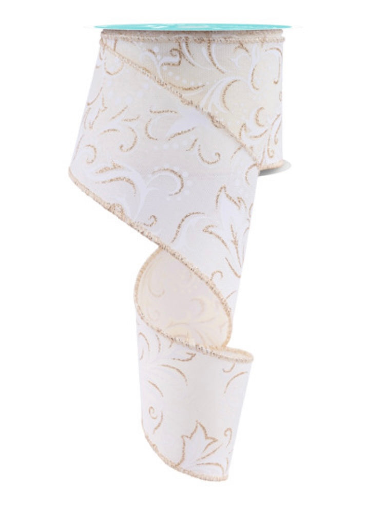 10 Yards- 2.5” Wired White and Champagne Filagree Ribbon