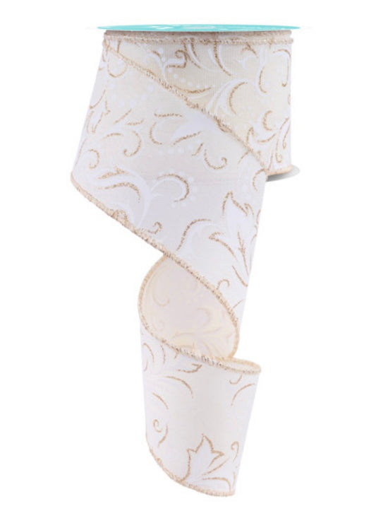 10 Yards- 2.5” Wired White and Champagne Filagree Ribbon