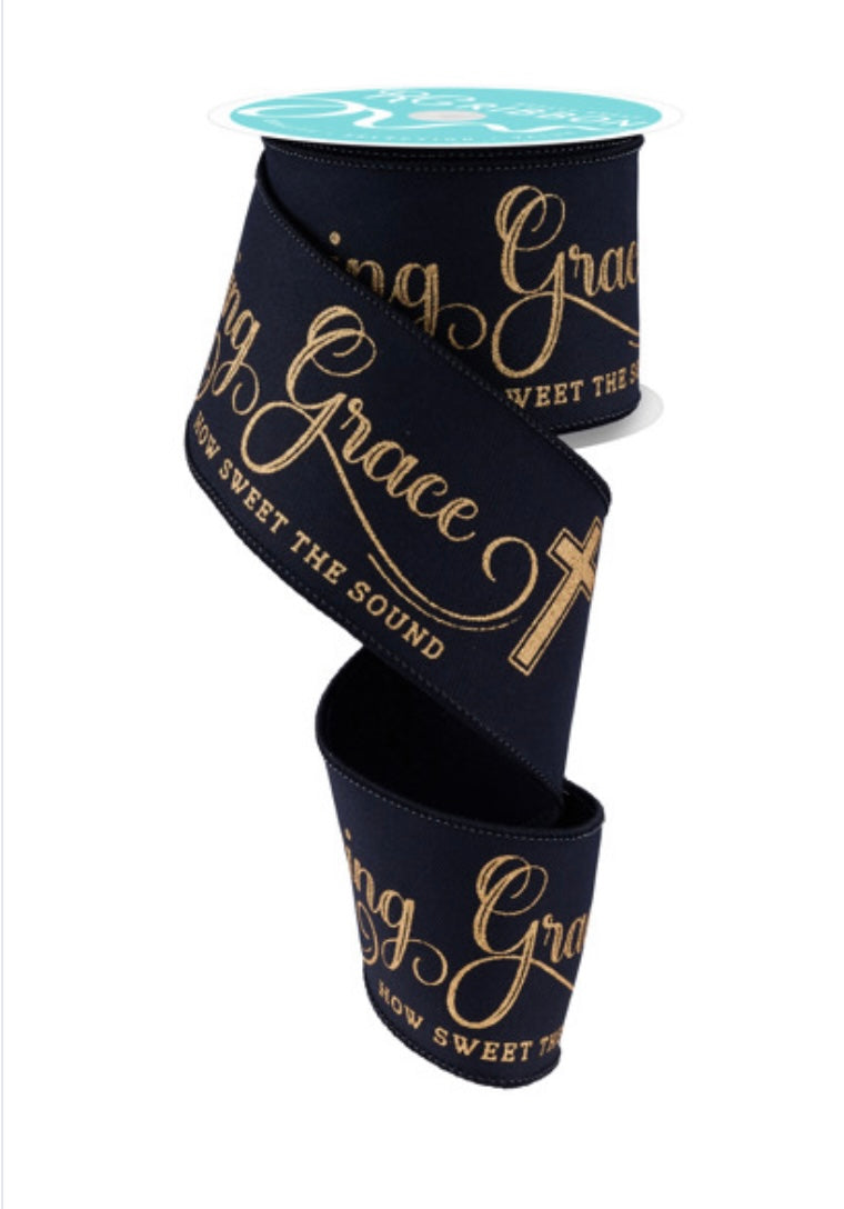 10 Yards - 2.5” Wired Black and Gold Amazing Grace Religious Ribbon