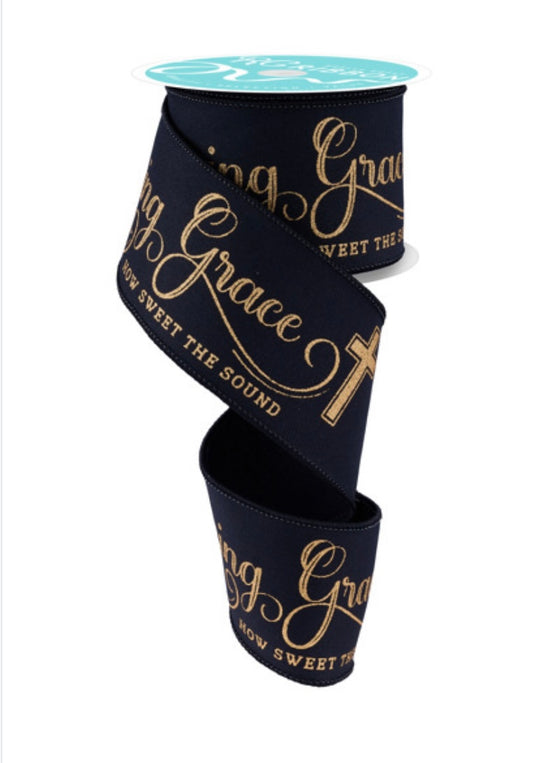 10 Yards - 2.5” Wired Black and Gold Amazing Grace Religious Ribbon